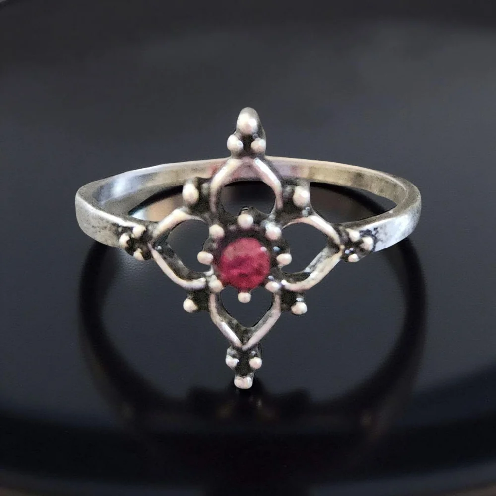 Silver Tone Ring with Red Stone Size 8 - Picture 2 of 6